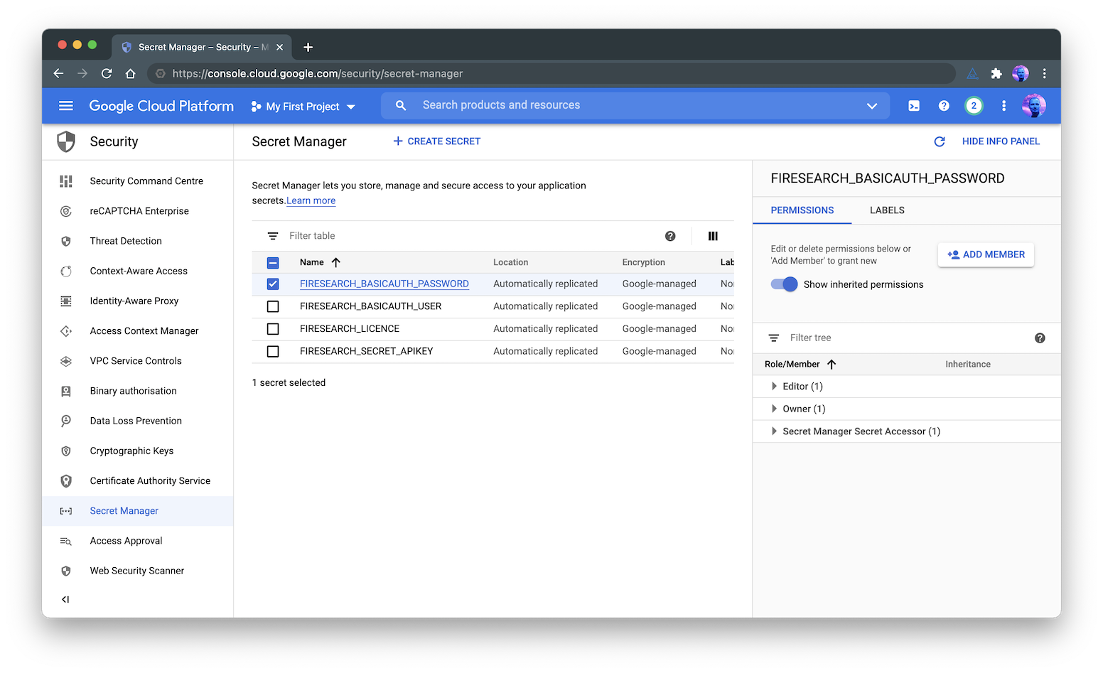 Screenshot of Google Cloud Console Secret Manager interface.
